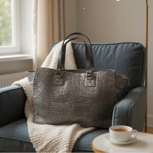 Innuē brand - large grey leather snake skin bag  w/ black handles. 🩶🩶🩶🖤🖤